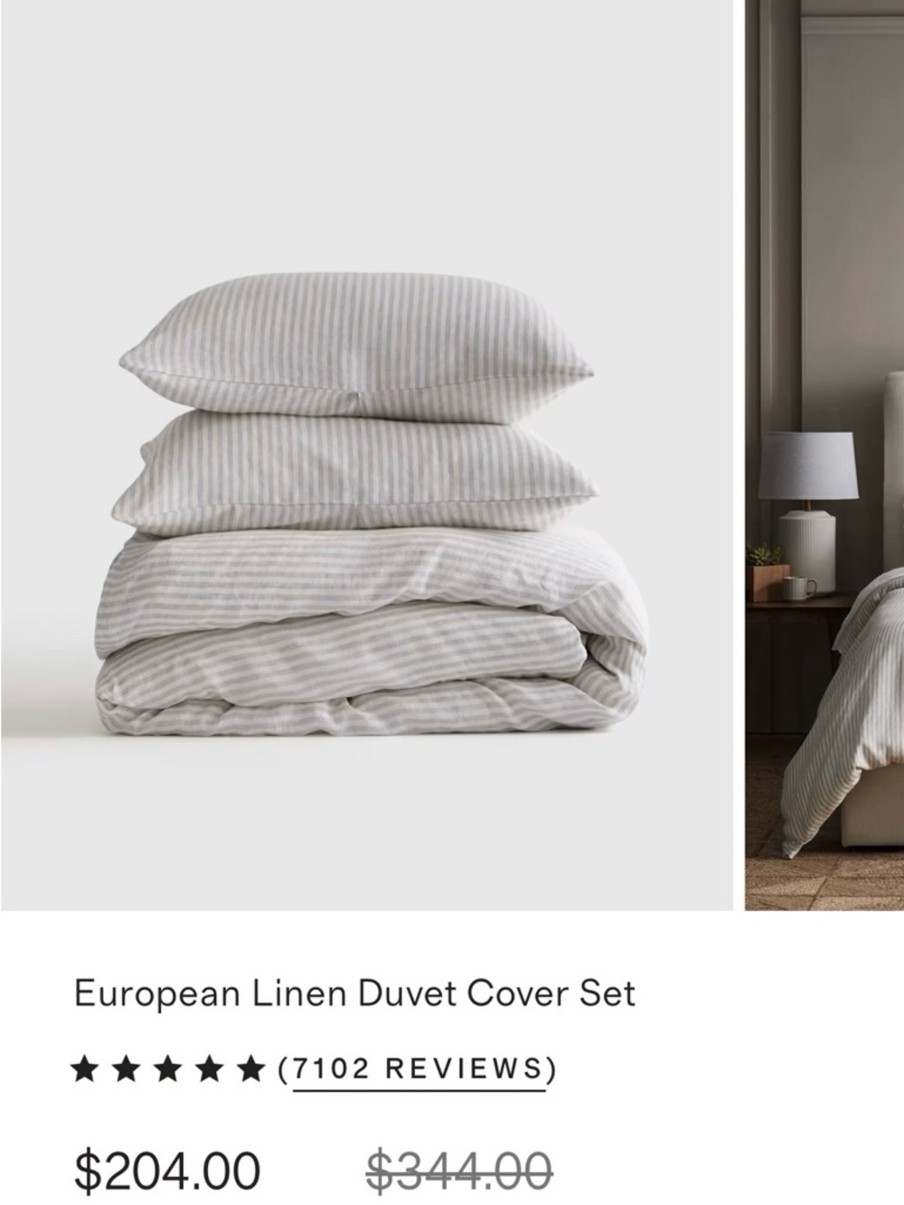 NWOT QUINCE European Linen Duvet Cover Set Mist Stripe Full/Queen 3 Piece - Picture 3 of 7